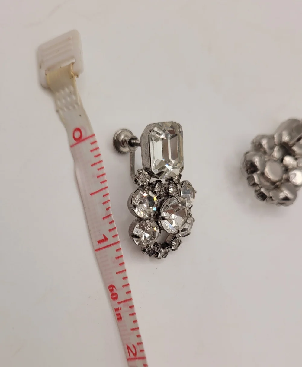 Vintage Art Deco Emerald Cut Rhinestone Earrings Screwback Mid Century Modern